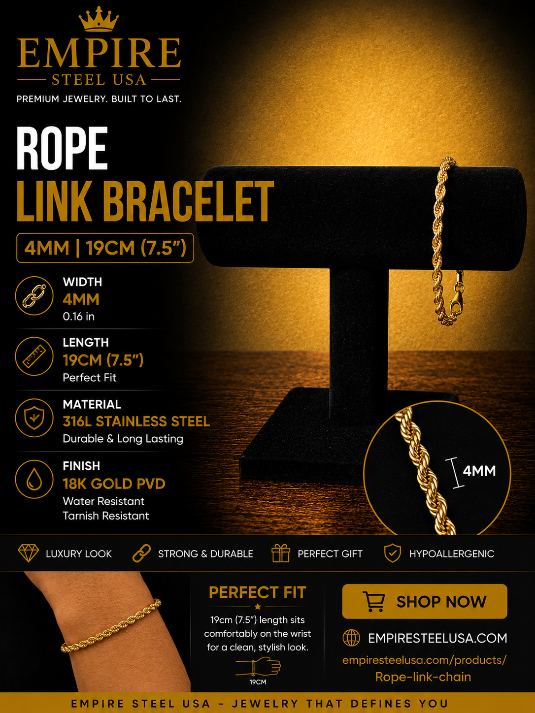 Rope Link Bracelet – 4MM | 19CM (7.5")