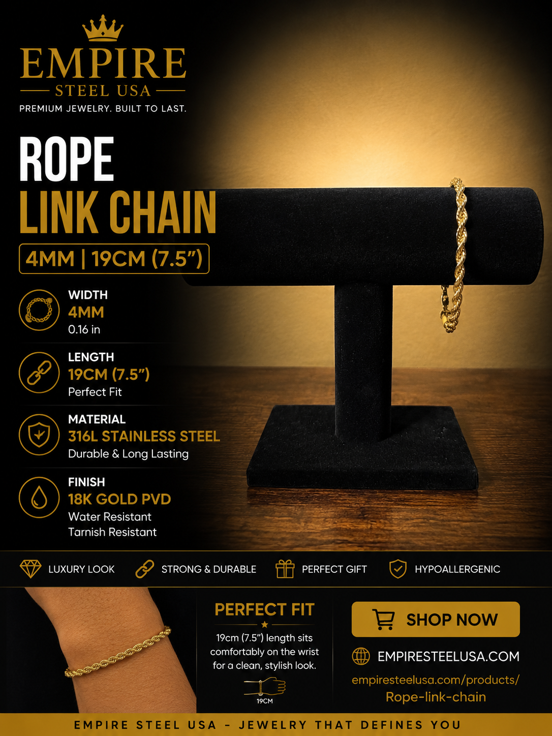 Rope Link Chain Bracelet – 4MM | 19CM (7.5")