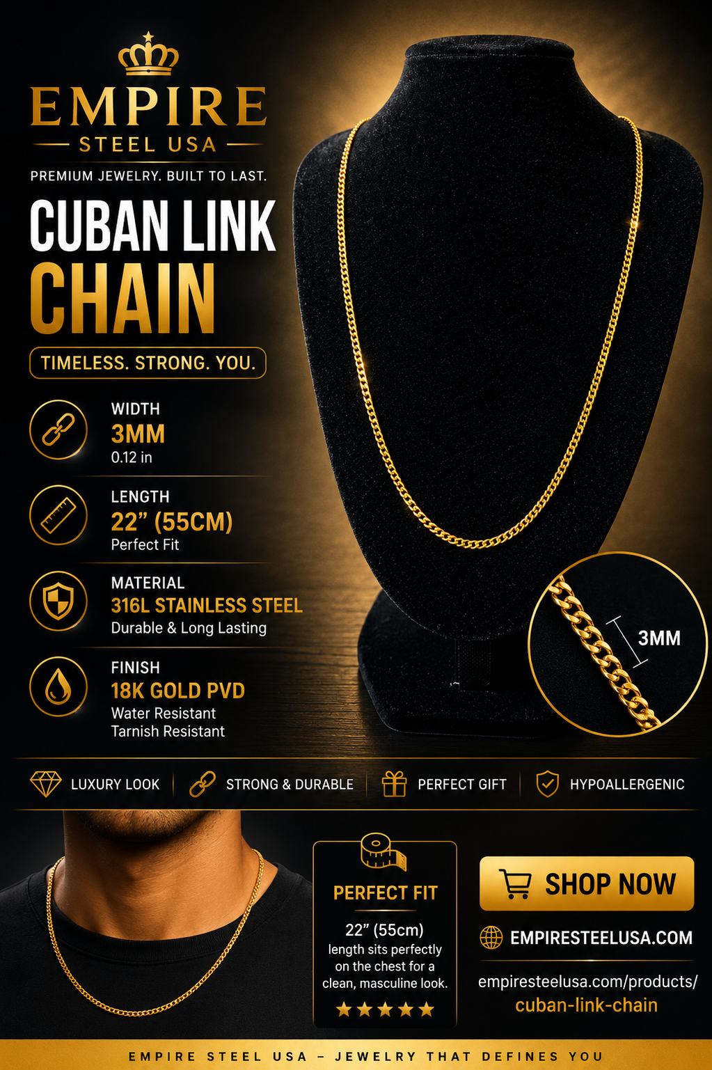 Cuban Link Chain – 3MM | 22" (55CM)