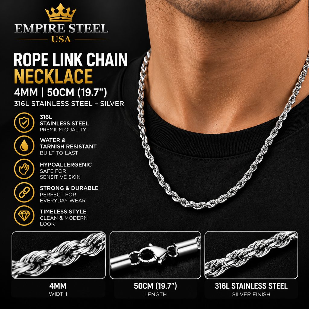 Rope Link Chain Necklace – 4MM | 50CM (19.7") | 316L Stainless Steel – Silver