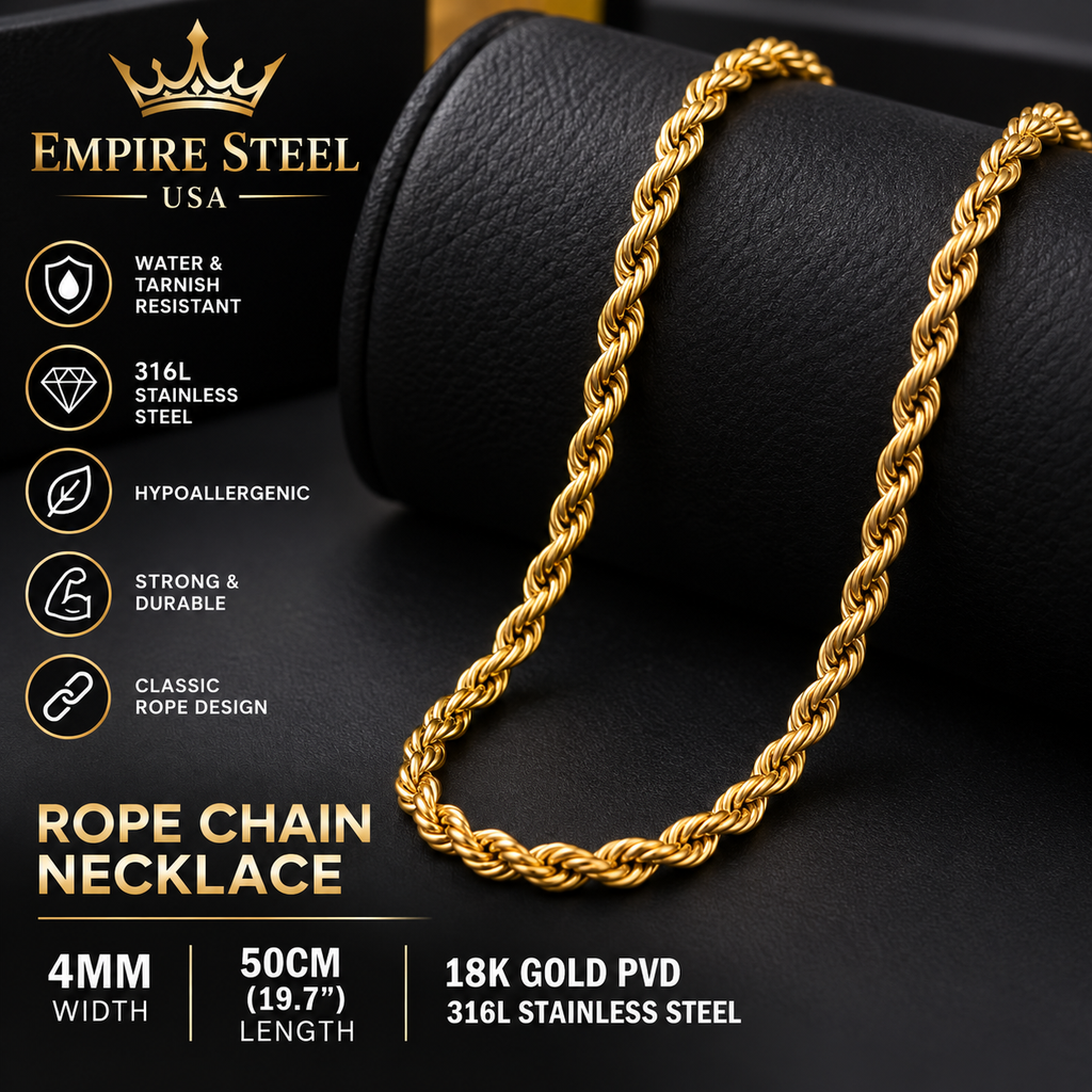 Rope Link Chain Necklace – 4MM | 50CM (19.7”) | 316L Stainless Steel – 14K Gold
