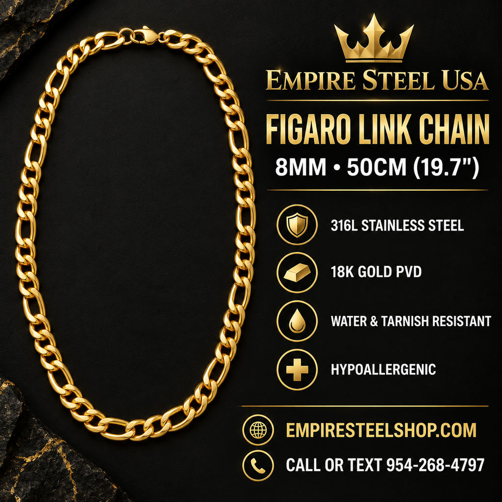 Figaro Link Chain – 8MM | 50CM (19.7”) | 316L Stainless Steel – 18K Gold PVD