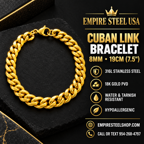 Cuban Link Bracelet – 8MM | 19CM (7.5”) | 316L Stainless Steel – 18K Gold PVD