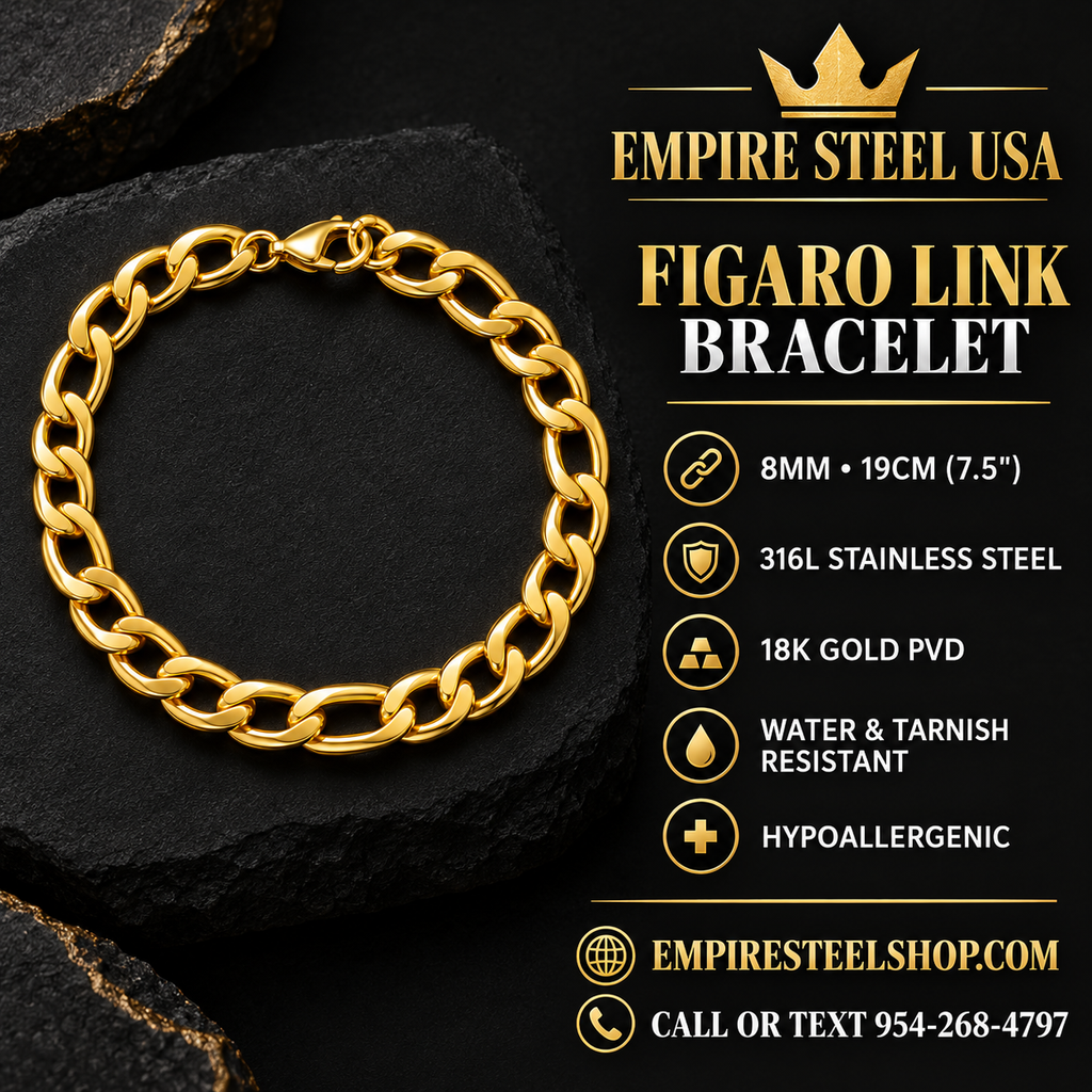 Figaro Link Bracelet – 8MM | 19CM (7.5”) | 316L Stainless Steel – 18K Gold PVD