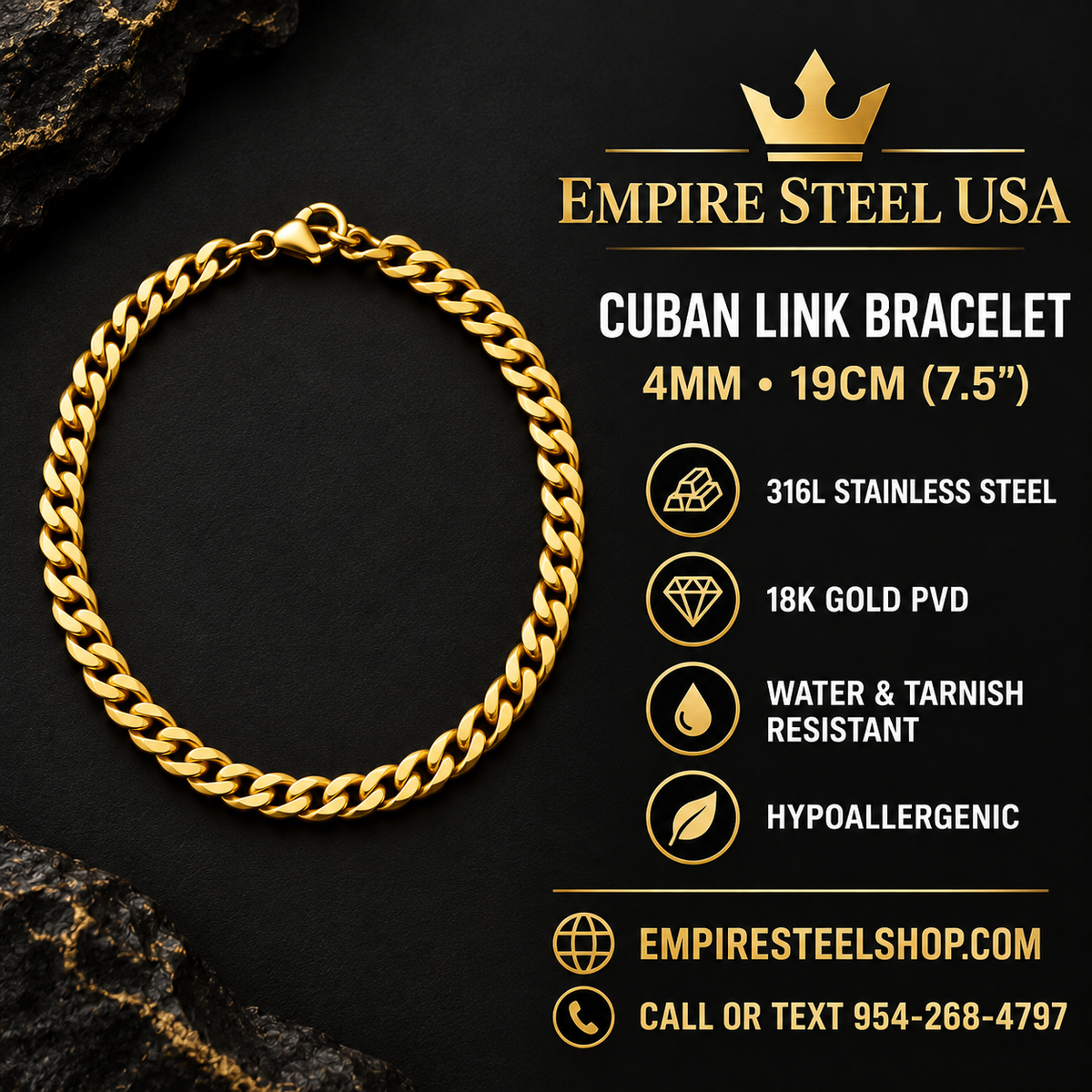 Cuban Link Bracelet – 4MM | 19CM (7.5”) | 316L Stainless Steel – 18K Gold PVD