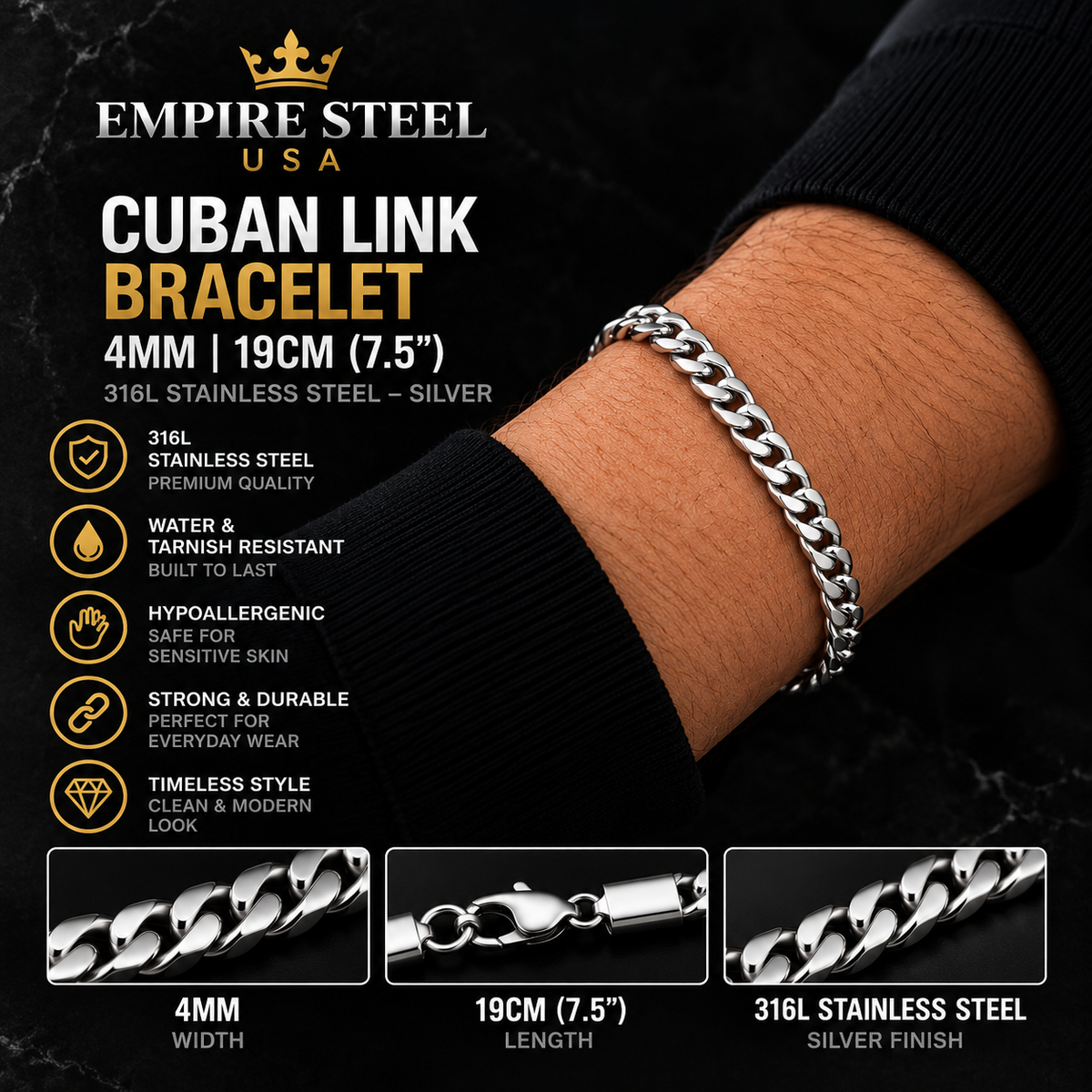 Cuban Link Bracelet – 4MM | 19CM (7.5”) | 316L Stainless Steel – Silver
