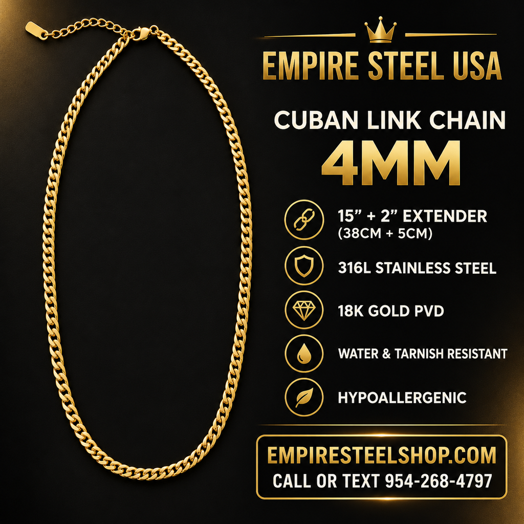 Cuban Link Chain – 4MM | 15"+ 2" (38CM +5CM) 316L Stainless Steel - Gold