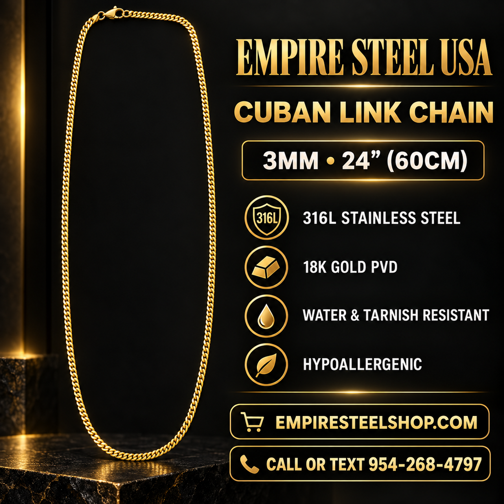 Cuban Link Chain – 3MM l 24" (60CM) 316L Stainless Steel -Gold