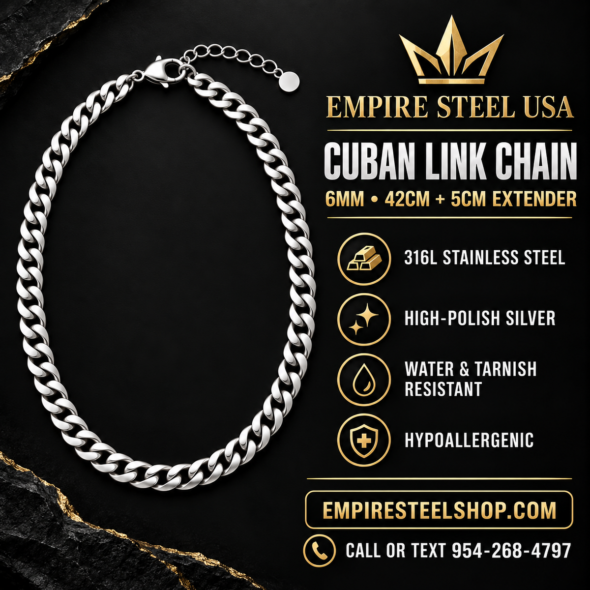 Cuban Link Chain – 6MM | 42CM + 5CM (15" + 2") 316L Stainless Steel - Silver