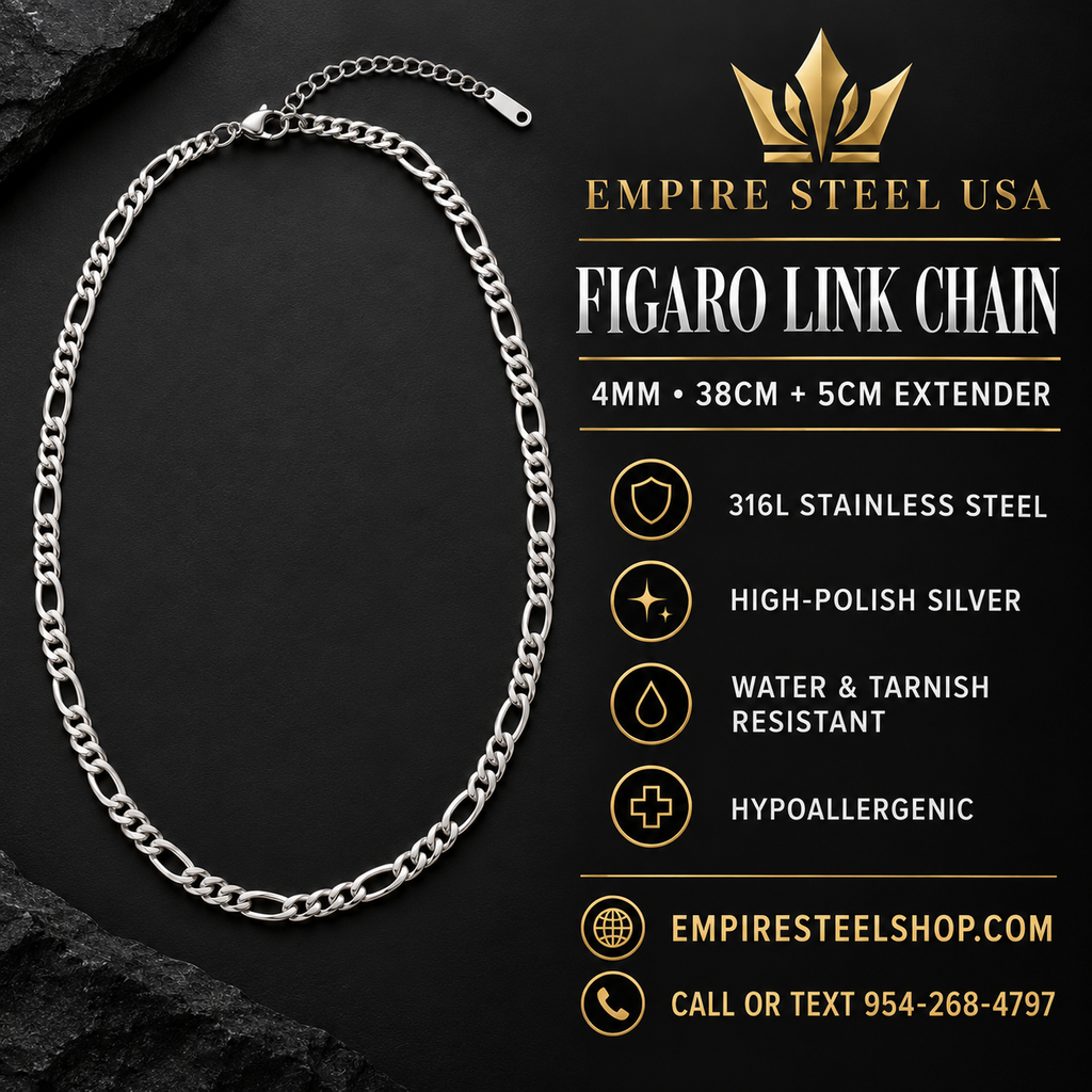 FIGARO Link Chain I 4MM | 15" + 2" (38CM + 5CM) 316L Stainless Steel - Silver
