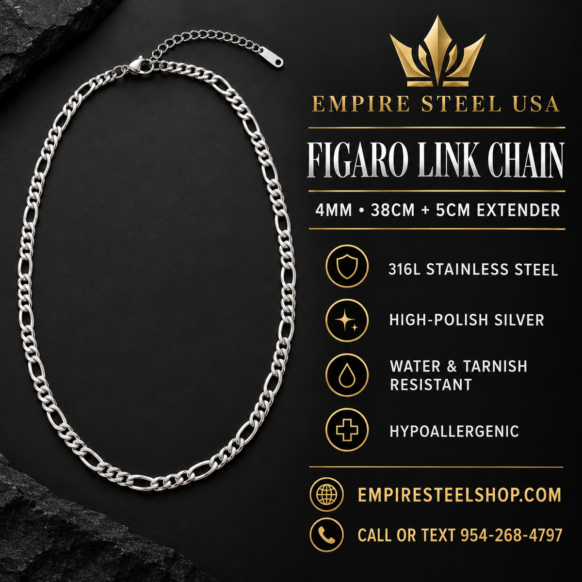 FIGARO Link Chain I 4MM | 15" + 2" (38CM + 5CM) 316L Stainless Steel - Silver