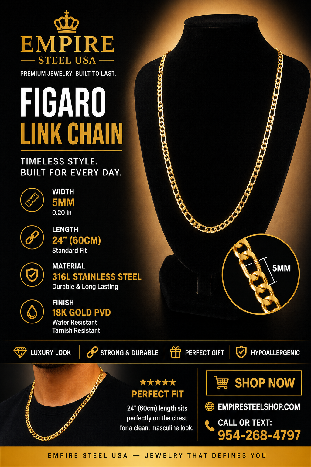 Figaro Link Chain – 5MM | 24” (60CM) | 316L Stainless Steel