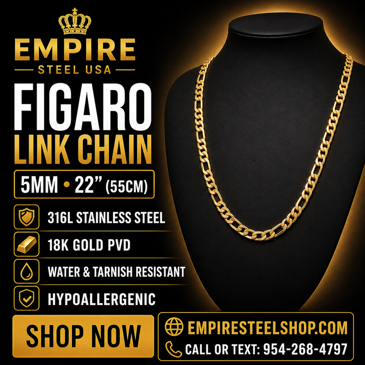 Figaro Link Chain 5MM x 22" (55CM) 316L Stainless Steel
