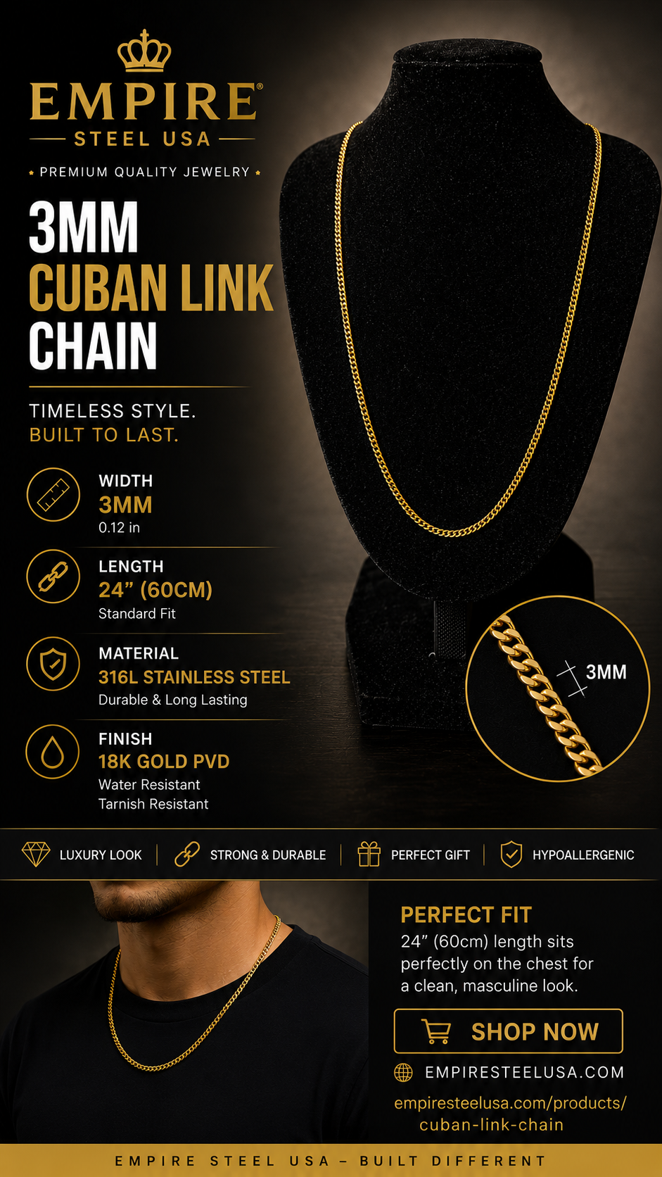 3MM Cuban Link Chain – 24" (60CM)