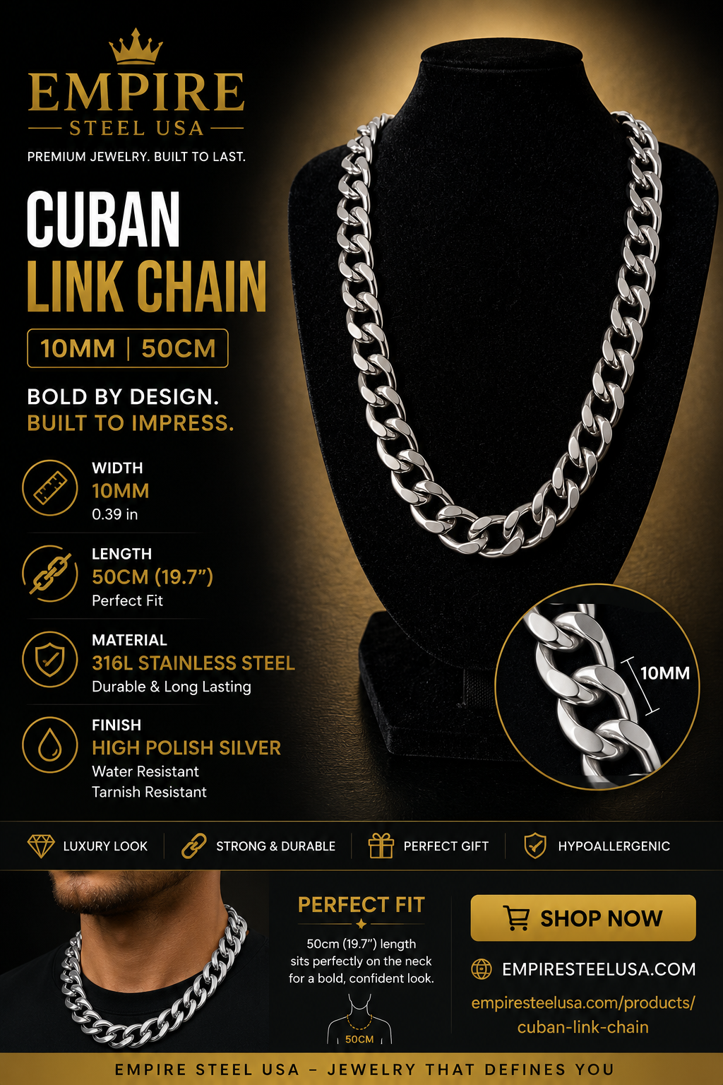 Cuban Link Chain – 10MM | 50CM (19.7")