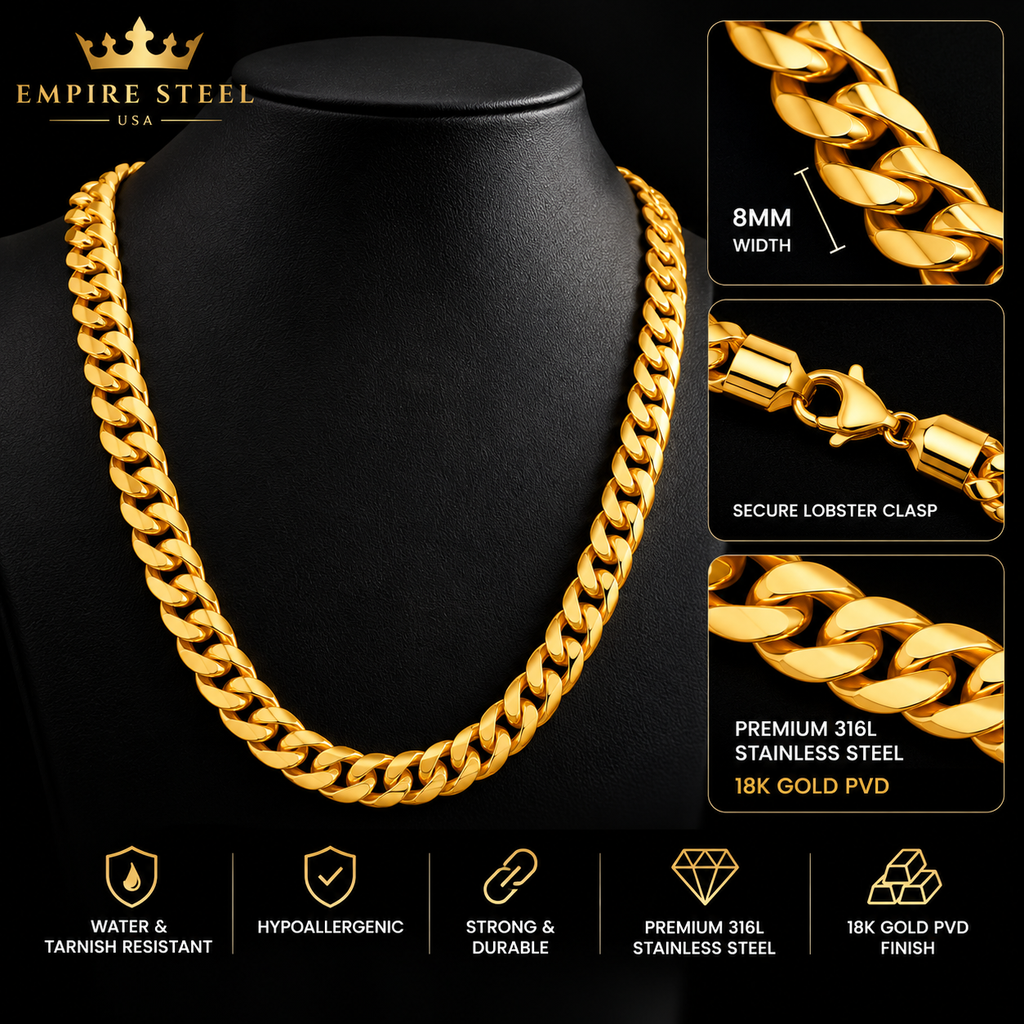 Cuban Link Chain Necklace – 8MM | 50CM (19.7”) | 316L Stainless Steel – 14K Gold