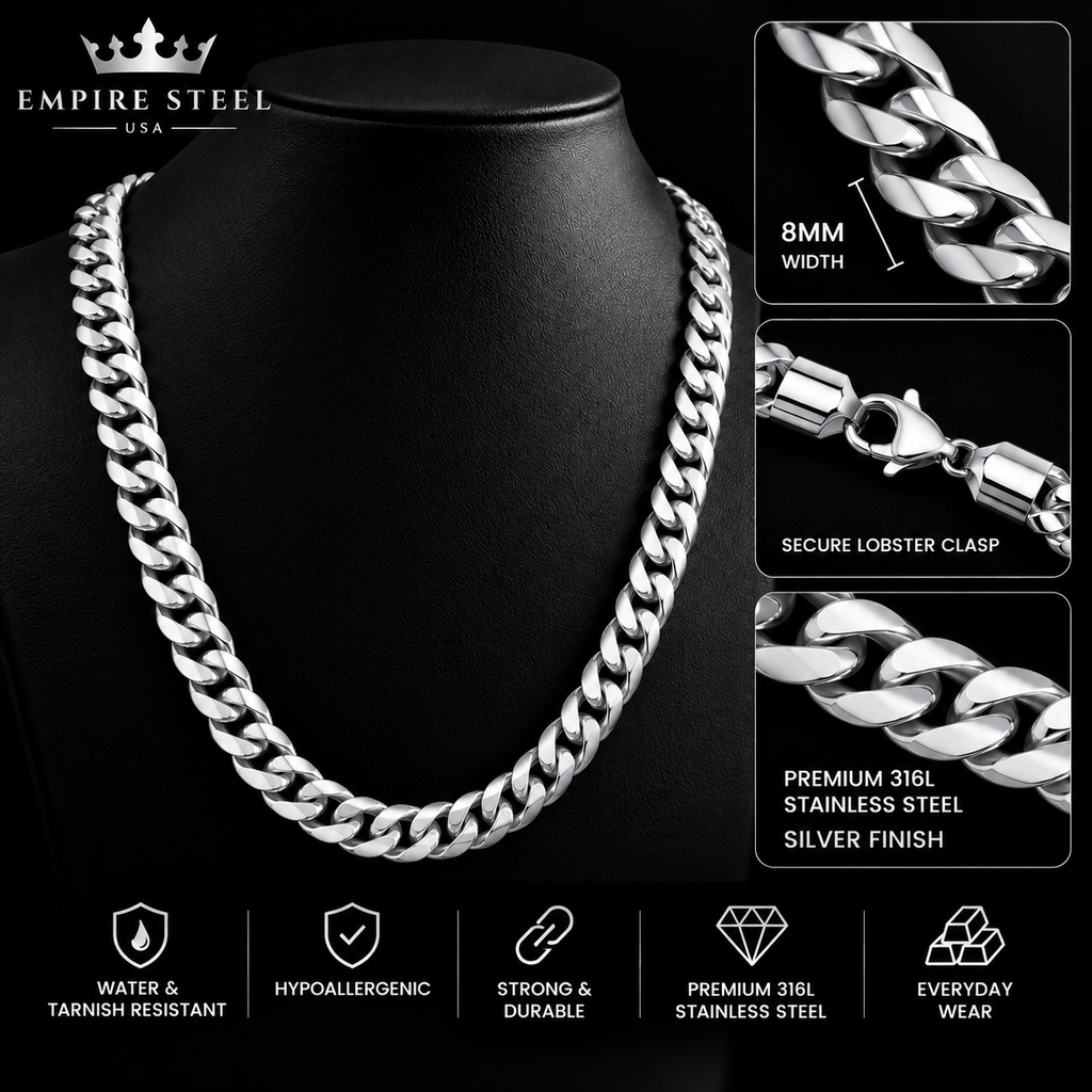 Cuban Link Chain Necklace – 8MM | 50CM (19.7”) | 316L Stainless Steel – Silver