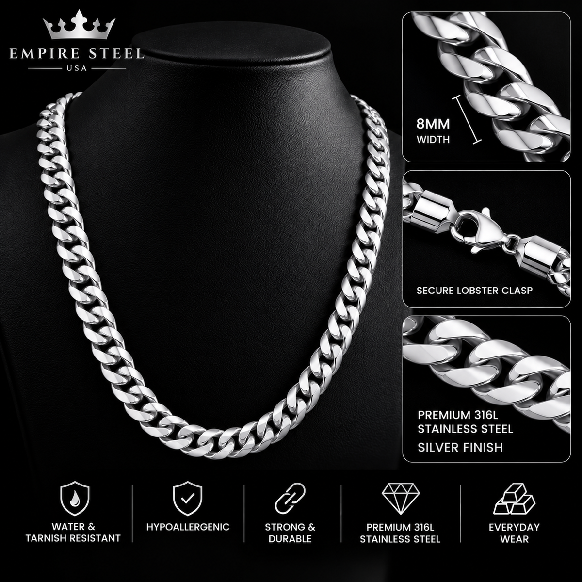 Cuban Link Chain Necklace – 8MM | 50CM (19.7”) | 316L Stainless Steel – Silver